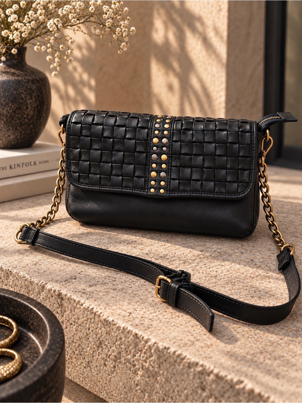 Marta Ponti Black Woven Studded Leather Crossbody Bag
